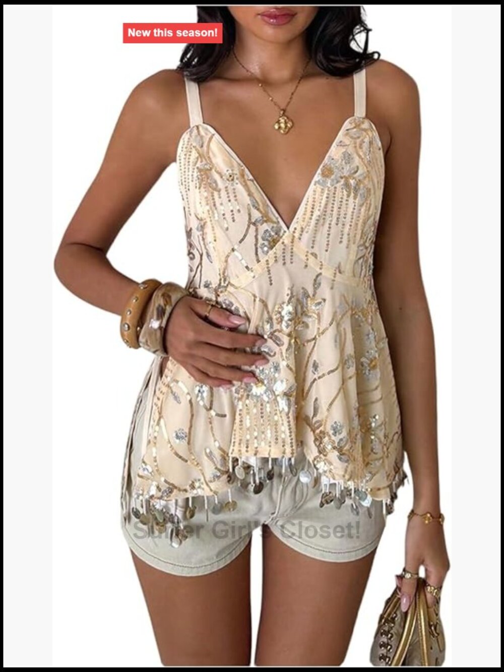 Sequin V Neck Ruffle Flowy Tank Top Sleeveless Party Top